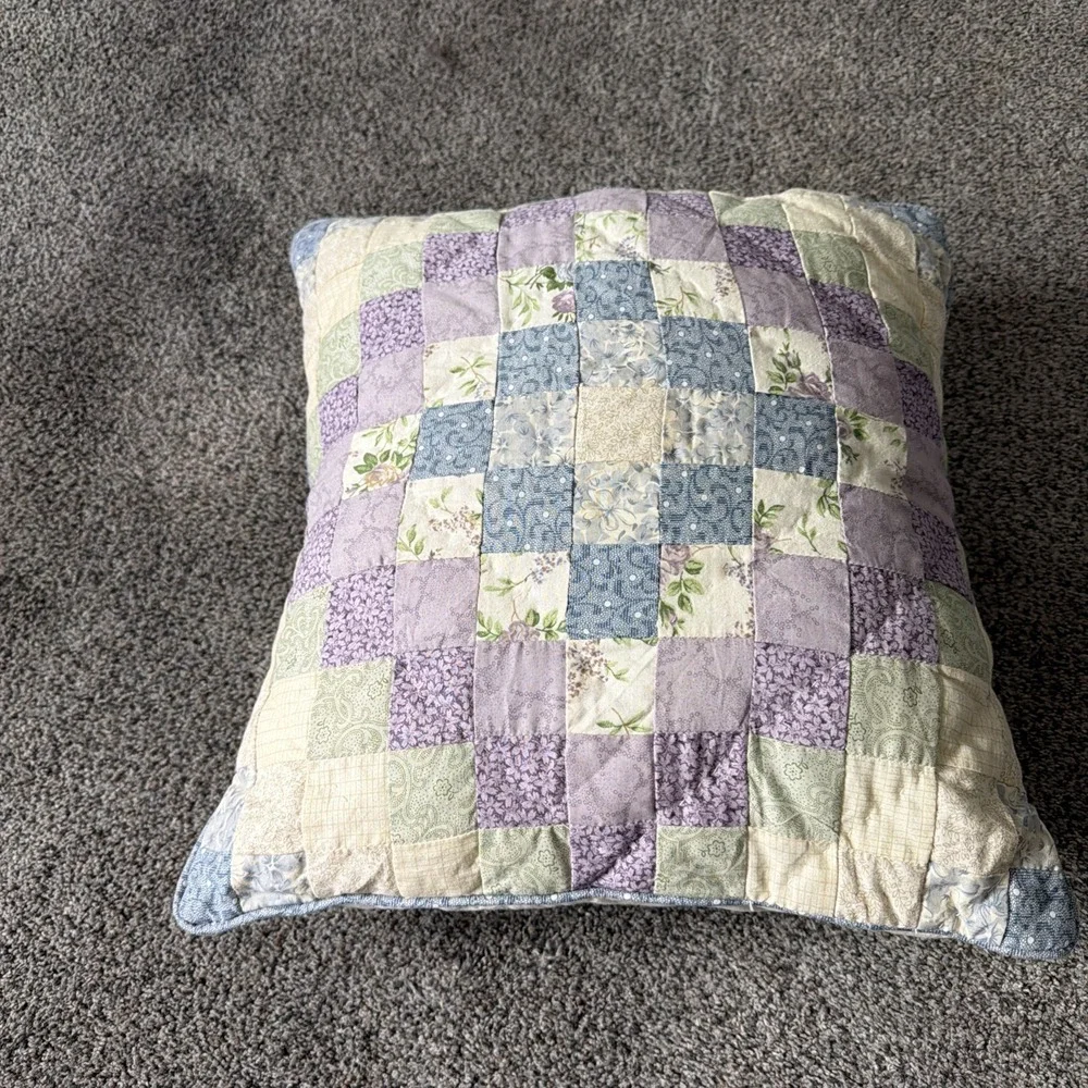 Vtg Cottagecore Patchwork Quilted Pillow Purple, Blue Floral 16